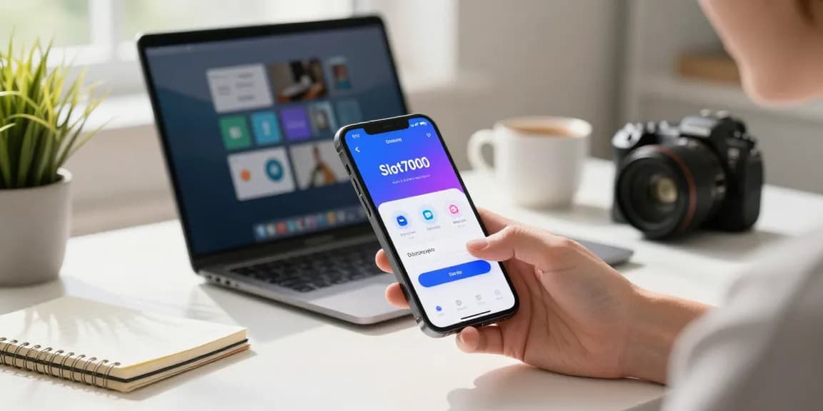 User engaging with the slot7000 application on a smartphone, showcasing easy login and anti-blocking features in a cozy home office.