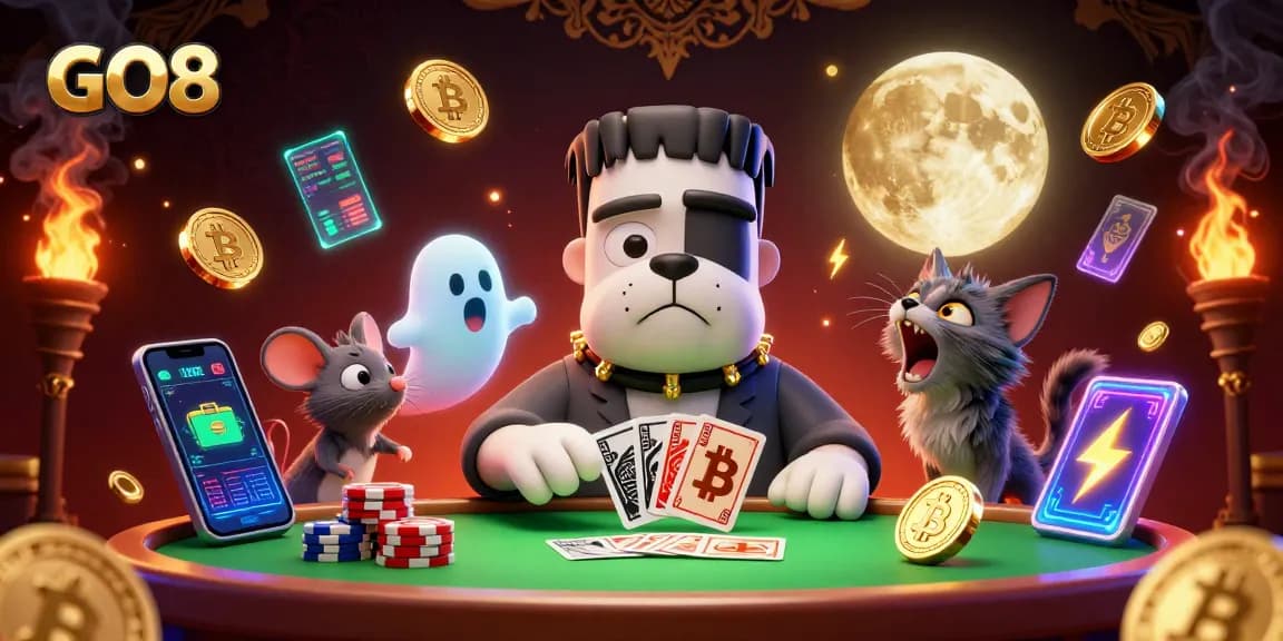 Experience thrilling gameplay at GO8 with a cartoon Frankenstein bulldog dealing cards.