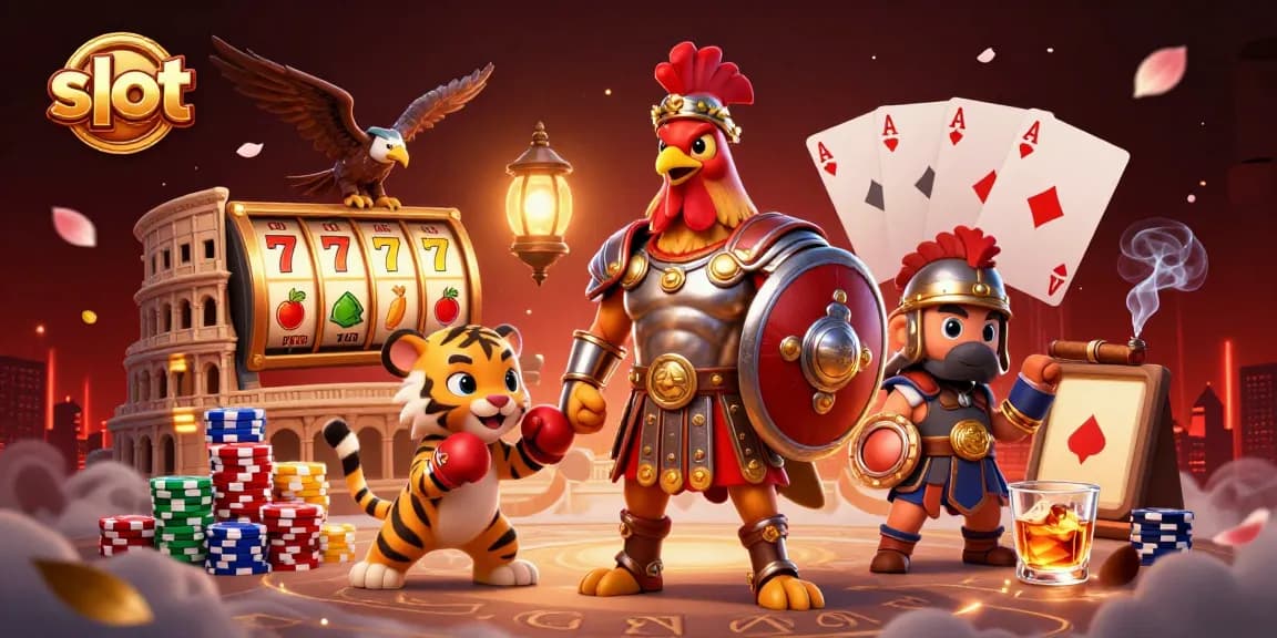 Slot dengan simbol keberuntungan dalam adegan kasino yang dinamis dan menarik.