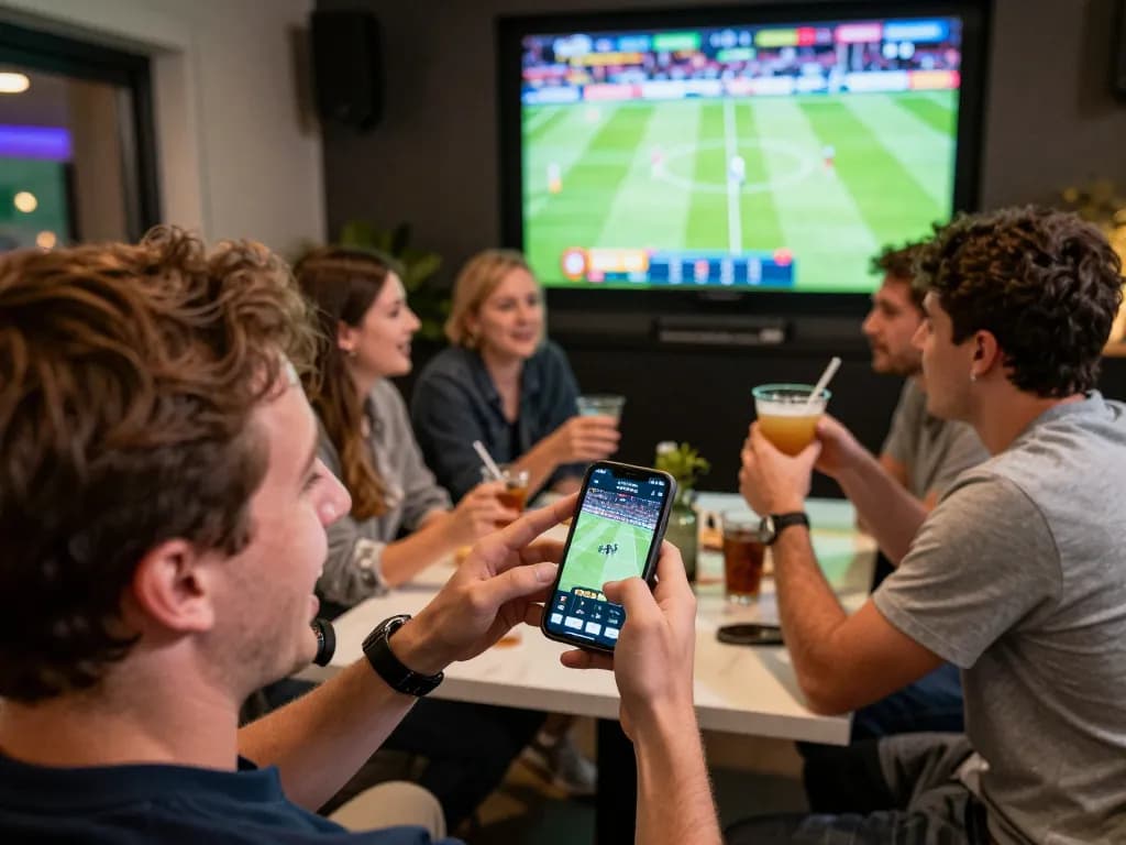 Placing bets using the sepuhplay link while enjoying a live sports event with friends in a vibrant lounge.