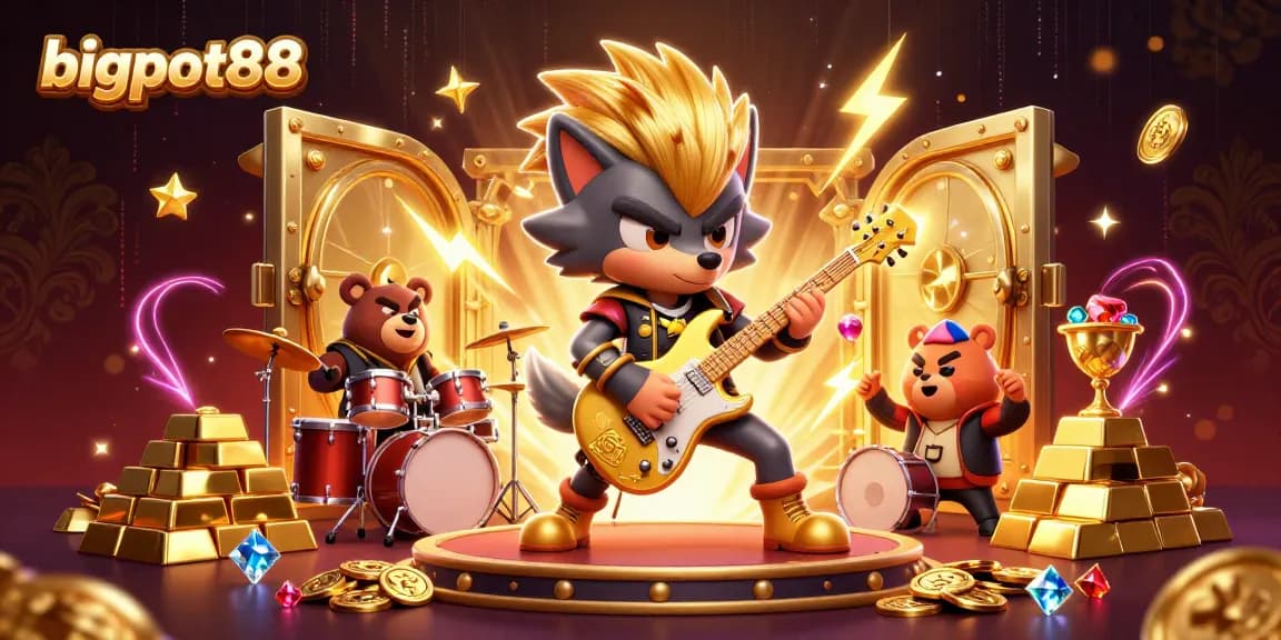 Engage with bigpot88 gaming through an electrifying illustration featuring rock star wolf and drummer bear.