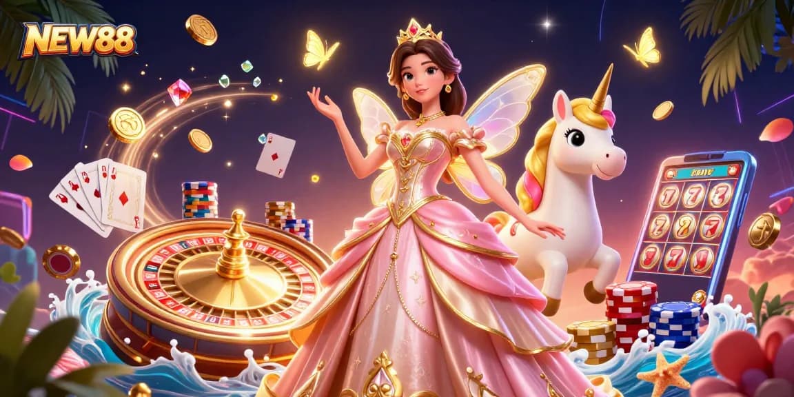 Experience the magic of gaming at NEW88 with vibrant characters and exciting casino elements.
