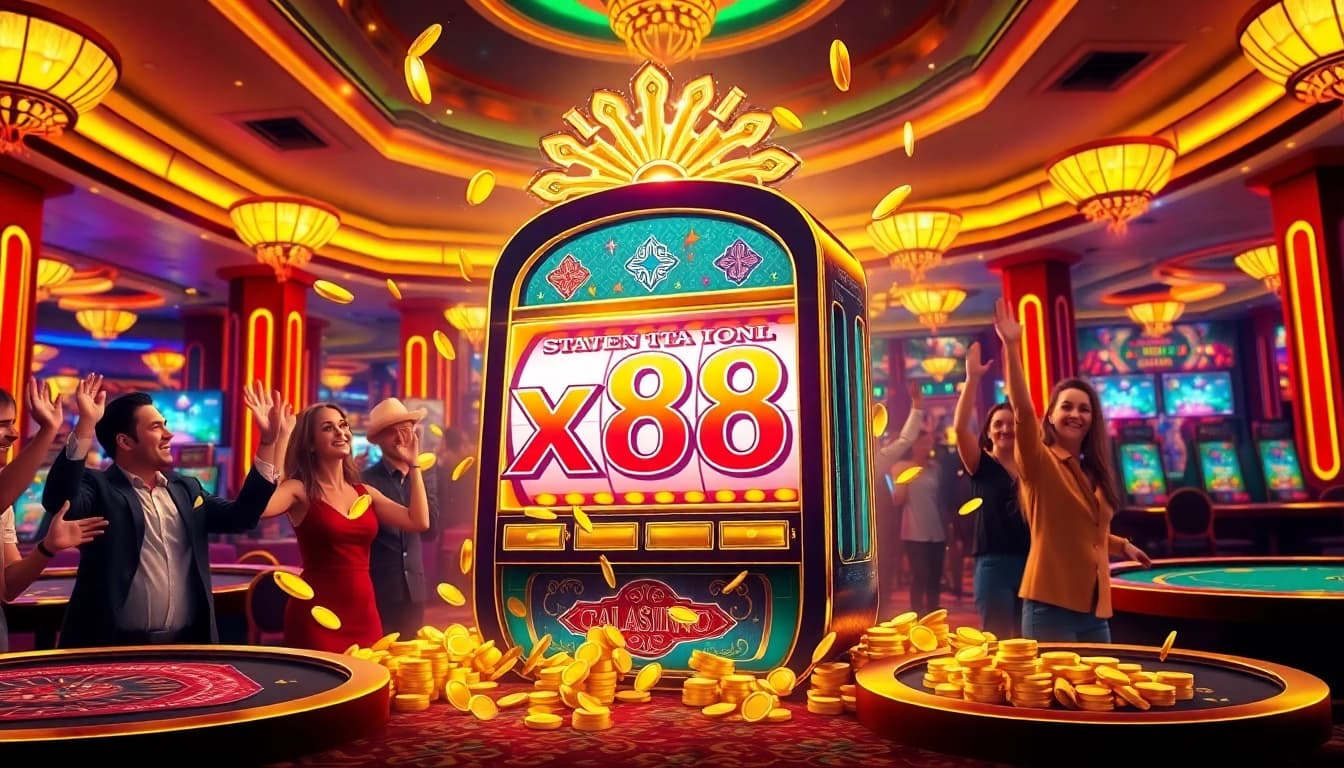 Players celebrating a big win on slot x88 in a luxurious casino atmosphere