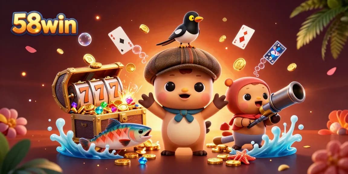 Experience the thrill of 58win with playful characters surrounded by treasures and slot elements in a colorful scene.