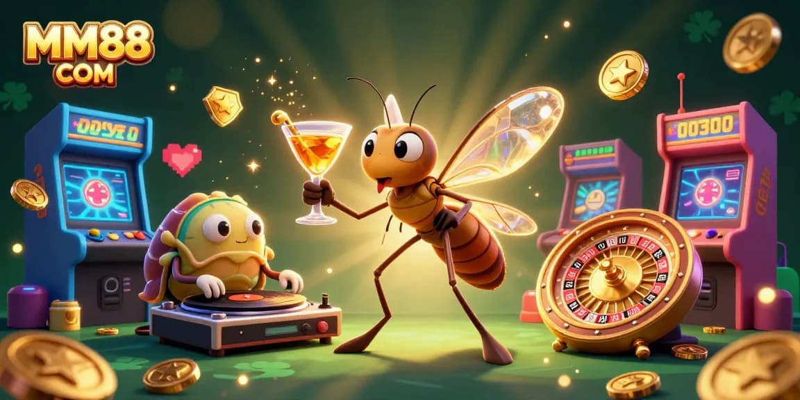 Engage with games at MM88 COM, featuring lively casino mascots and vibrant gaming elements.