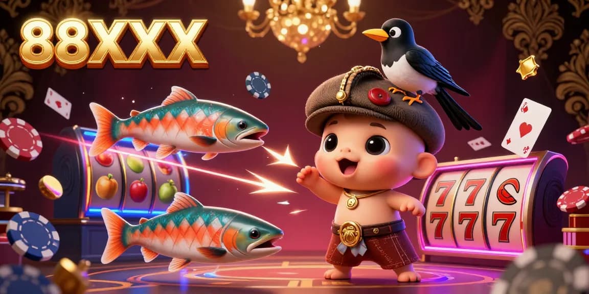 Engage with thrilling gameplay at 88XX, featuring a whimsical baby Nessie and vibrant casino elements.