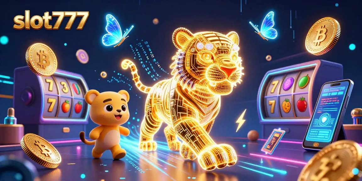 Spin the reels at slot777, witnessing a golden tiger amidst a vibrant digital casino scene.
