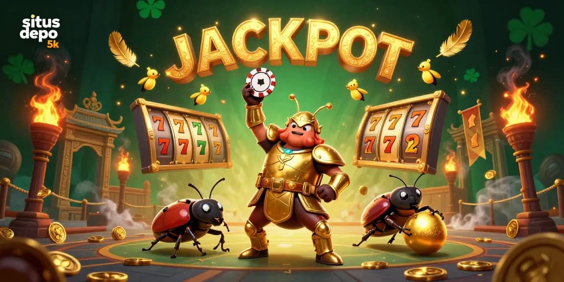 Experience thrilling wins with situs depo 5k as a cartoon beetle lifts a poker chip in celebration.