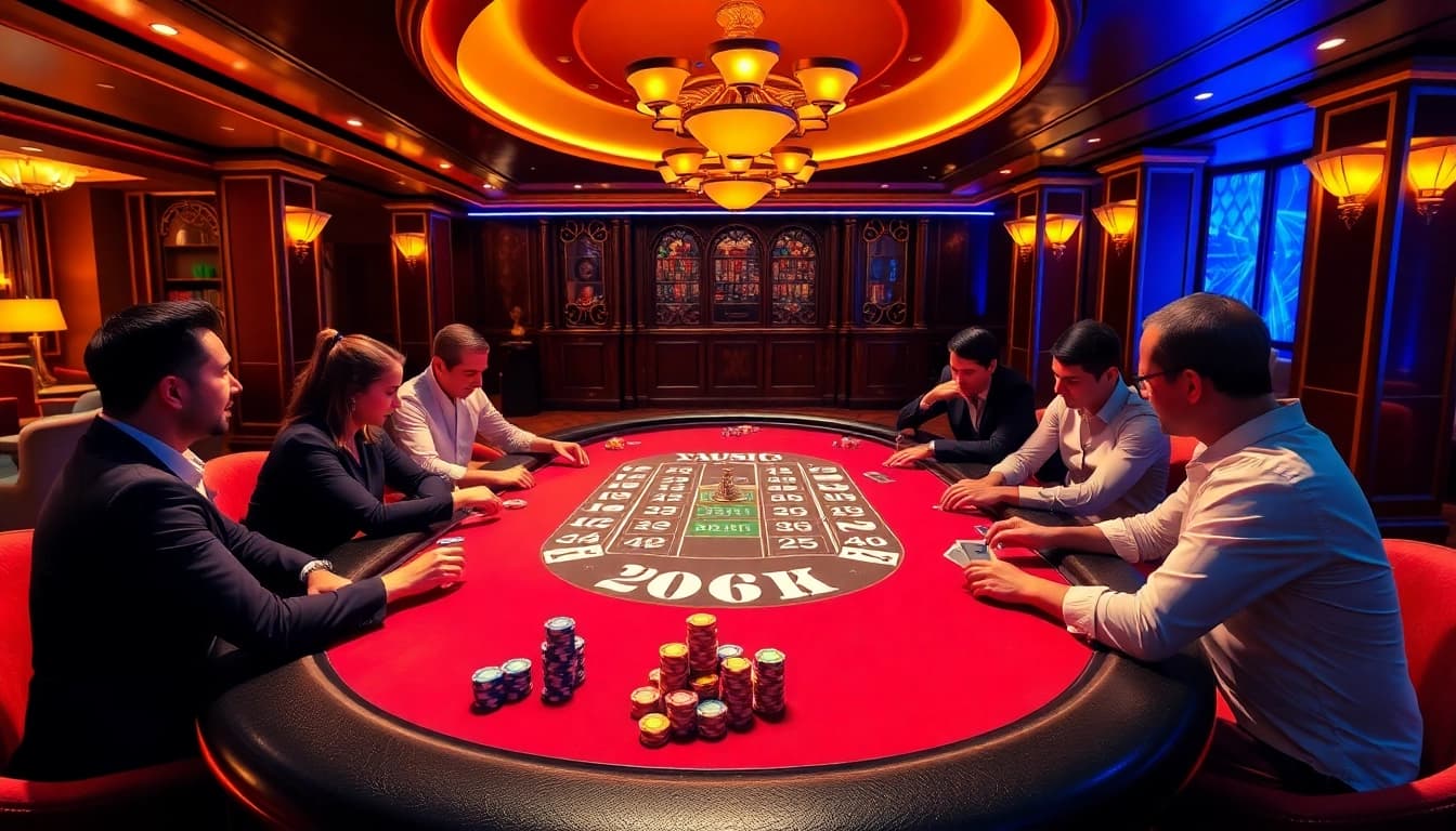 Experience the excitement of XX88 with lively poker action and vibrant casino decor.