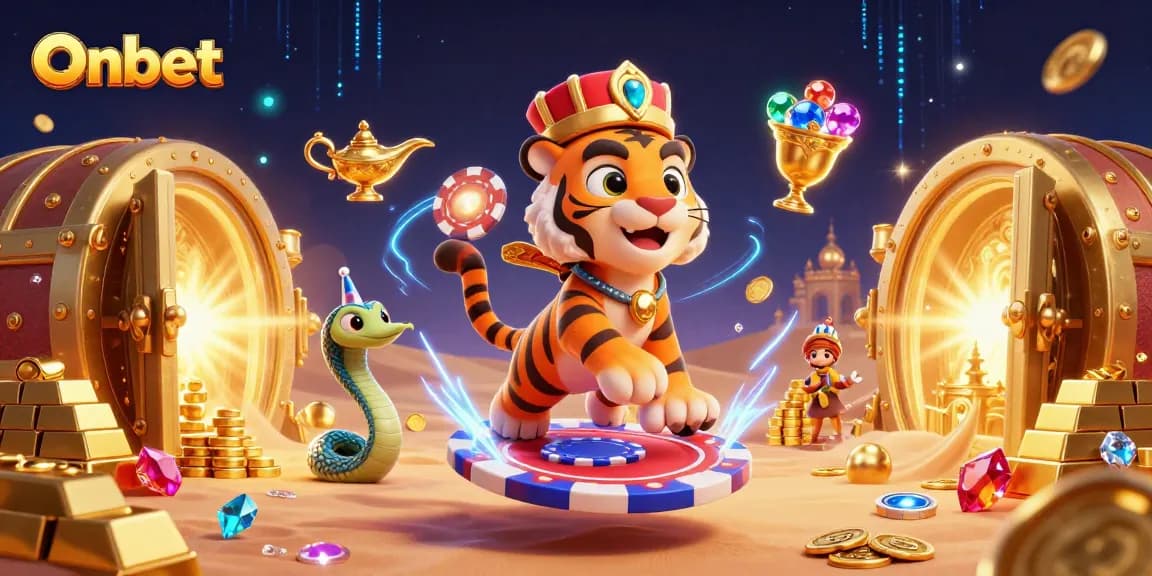 Onbet showcases a vibrant Arabian Nights-themed casino scene with a tiger sultan, treasure, and gaming elements.