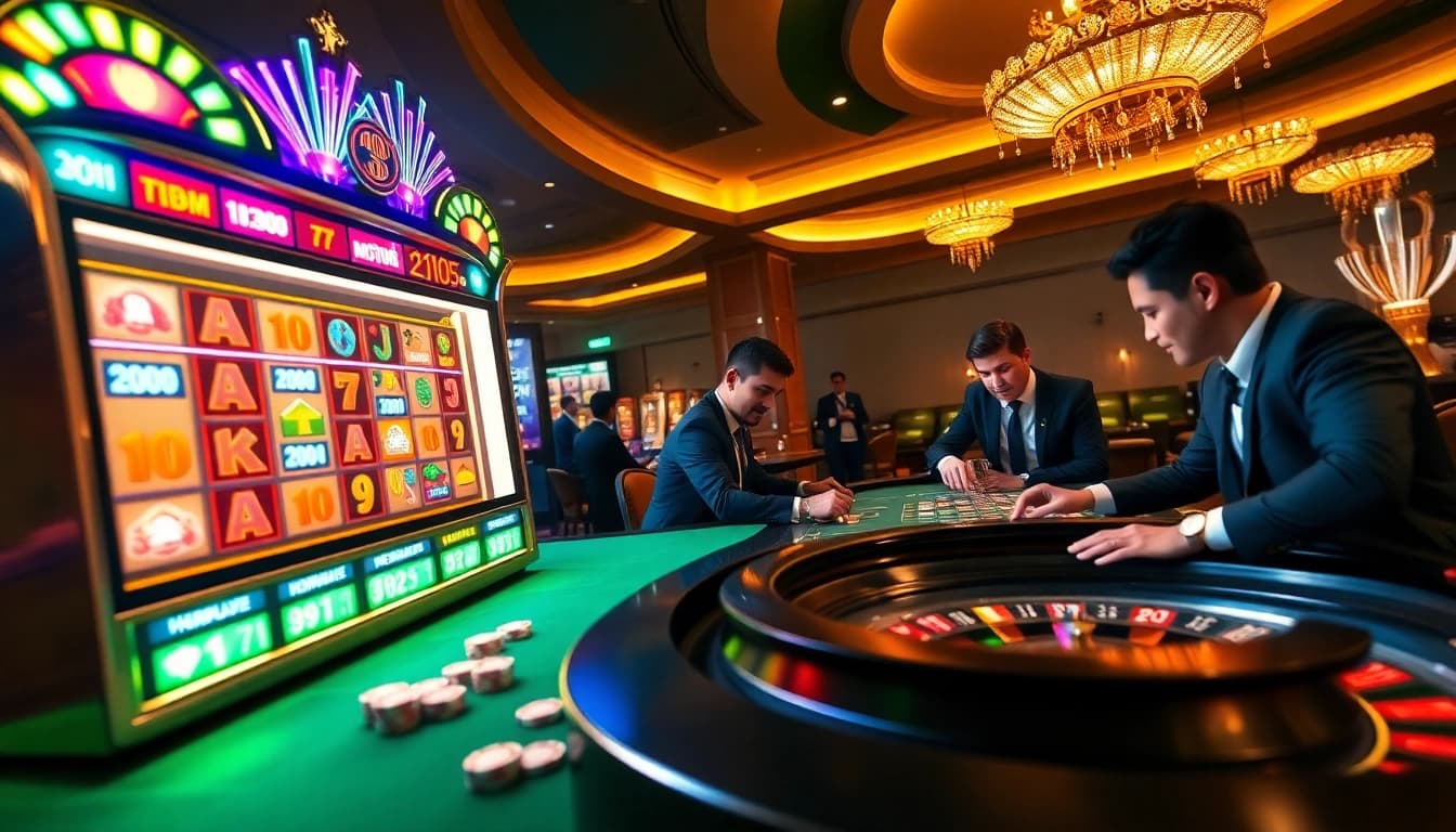 Players enjoying thrilling games at QQMACAN casino with vibrant slot machines and roulette tables.