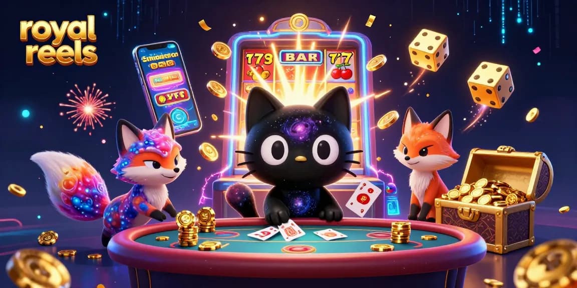 Engage with royal reels at a cosmic casino table in this vibrant 3D illustration.