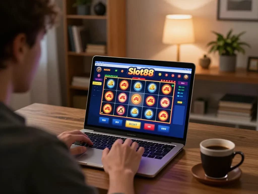 Engaging player experiencing Slot88 online gaming with vibrant graphics in cozy home