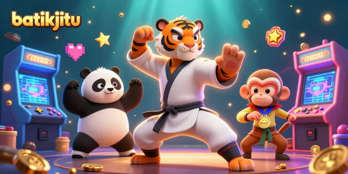 Bermain di batikjitu sambil menangkap medali emas dengan karakter lucu di mesin arcade.