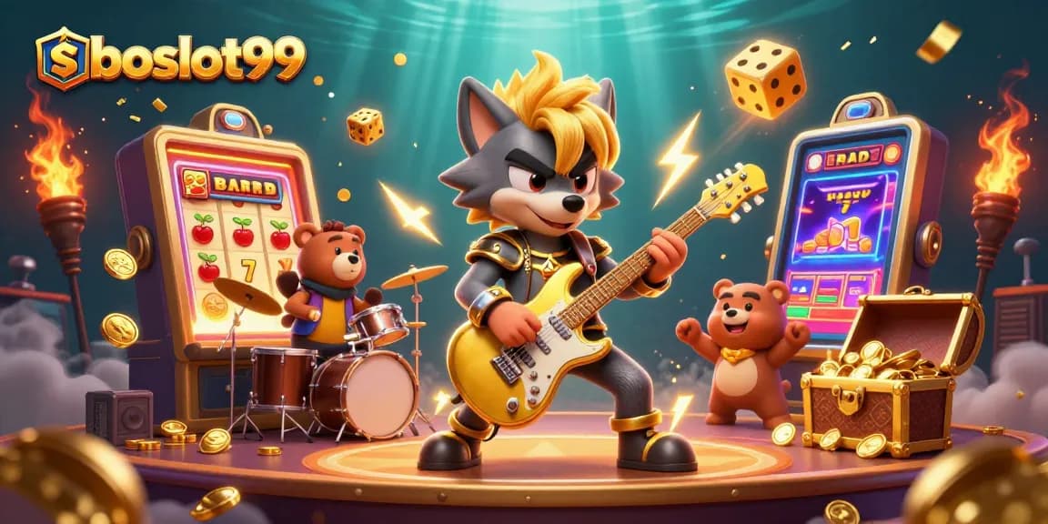 sboslot99 captivates players in a vibrant casino scene with slot machines and joyful characters.
