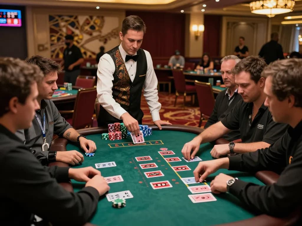 Players enjoying an exciting game of blackjack at MAY88 casino, showcasing strategic betting and intense focus.