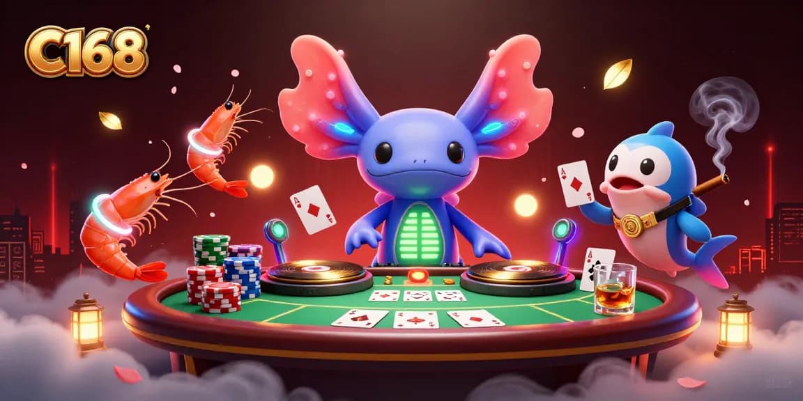 Experience C168 with a vibrant casino scene showcasing a neon DJ and poker action.