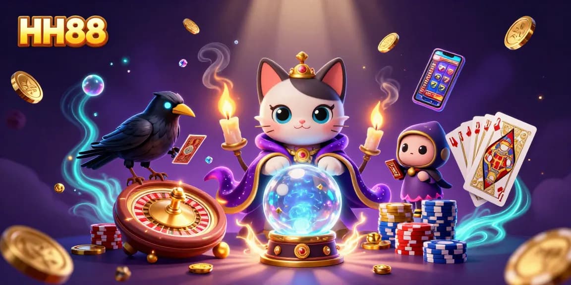 Experience thrilling HH88 casino games with a mystical cat fortune teller and enchanting visuals.