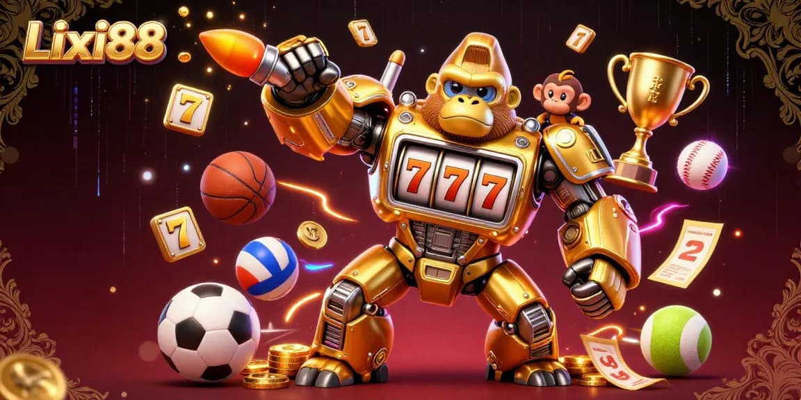 Lixi88 brings excitement with a dynamic golden gorilla mech and vibrant sports elements in a thrilling casino environment.