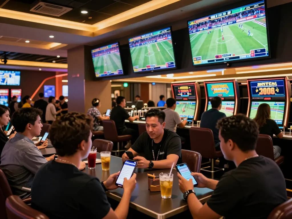 33win enthusiasts placing sports bets in a lively casino environment with screens showing live events