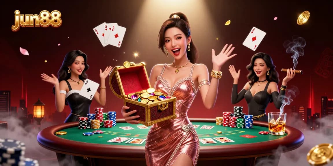 Experience peak gaming at jun88 with a joyful Asian woman revealing treasure amidst a rich casino scene.