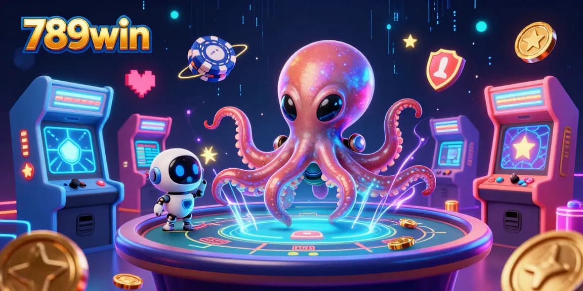 Play exciting poker with 789win as an alien octopus operates holographic tables in a vibrant casino universe.
