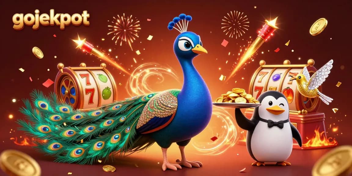 Embrace gojekpot excitement with a flashy 3D casino celebration, featuring spinning reels and dazzling characters.