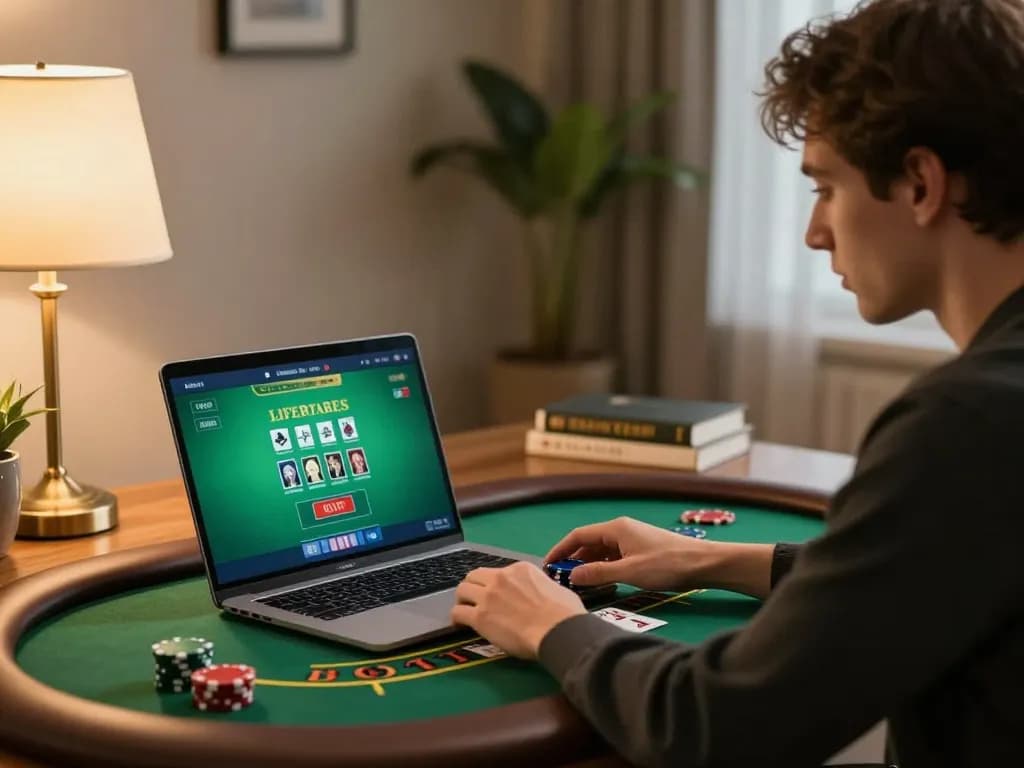 Player engaging in live dealer blackjack on laptop, showcasing strategy and focus related to tr88 gameplay.