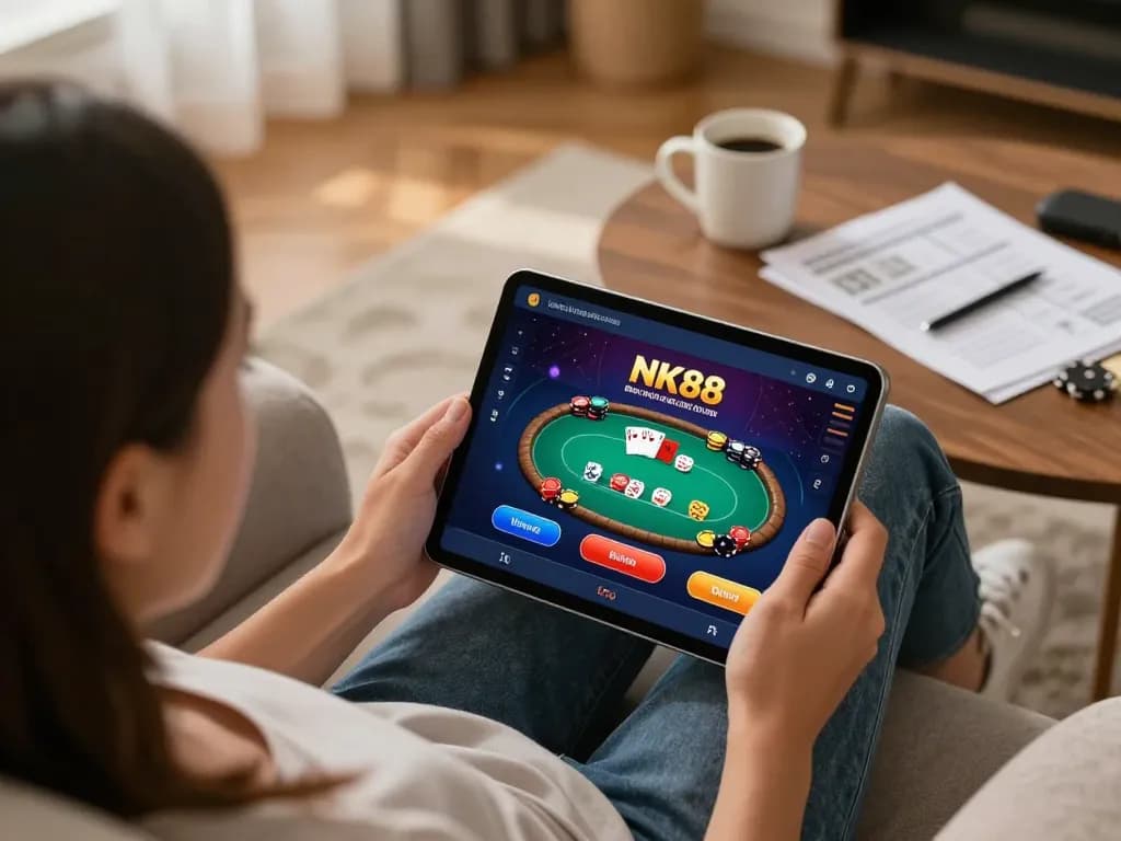 Player engaging with the NK88 casino app on a tablet, showcasing a poker game in a cozy home setting.
