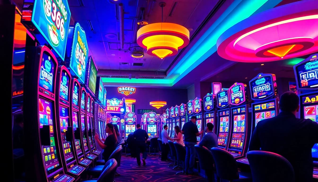 Arus hoki di mesin slot kasino dengan pemain yang penuh semangat dan cahaya neon yang cerah.
