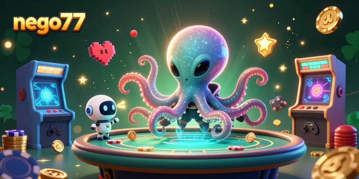 Engage in exciting gameplay at nego77 with a vibrant alien octopus at a holographic poker table.