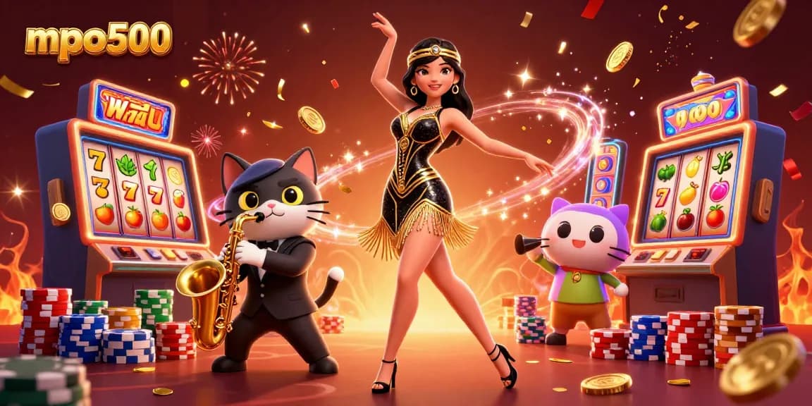Party with mpo500 in lively casino scene featuring vibrant slot reels and colorful characters.