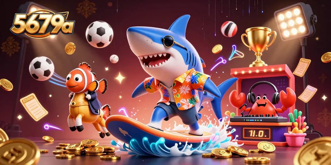 Experience gaming thrills with 5679a's vibrant 3D illustration featuring a shark, clownfish, and crab DJ.