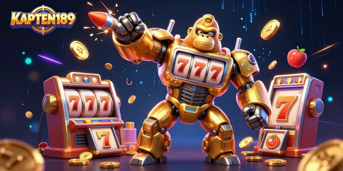 KAPTEN189 menghadirkan gorila emas transformator slot yang beraksi dengan keberuntungan jackpot di latar bertema kasino.