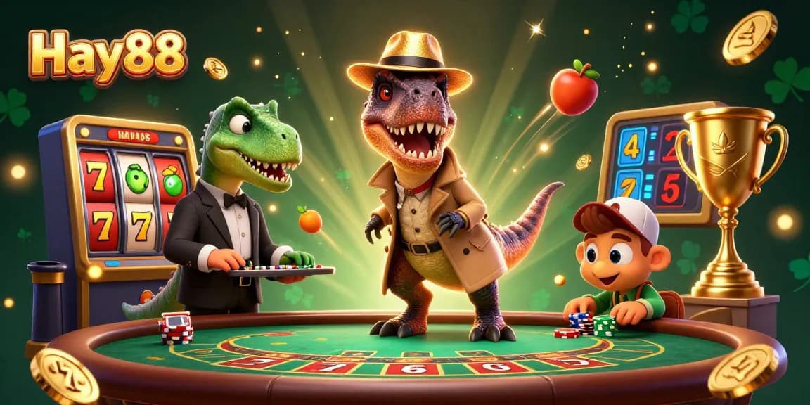 Experience thrilling moments at Hay88 with a velociraptor card counter and golden trophies at a dynamic blackjack scene.