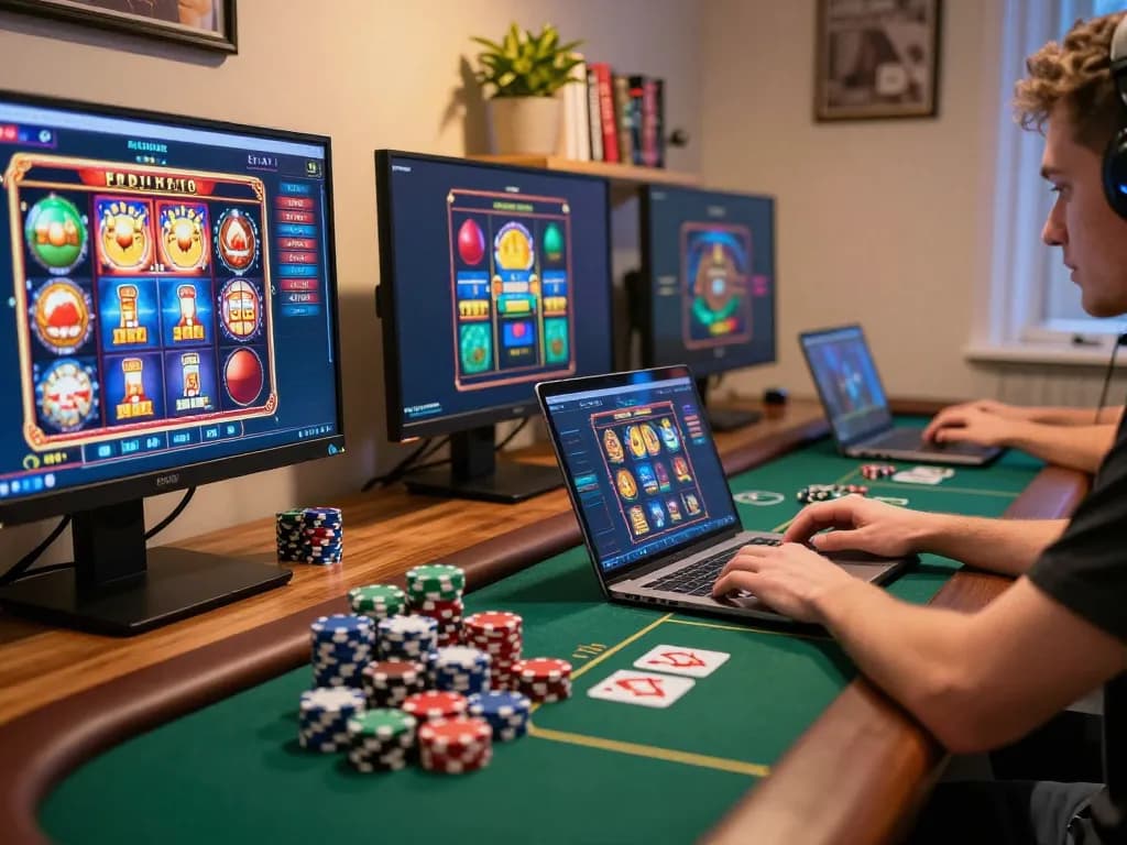 Player exploring link slot gacor on laptop while surrounded by colorful poker chips and warm lighting.