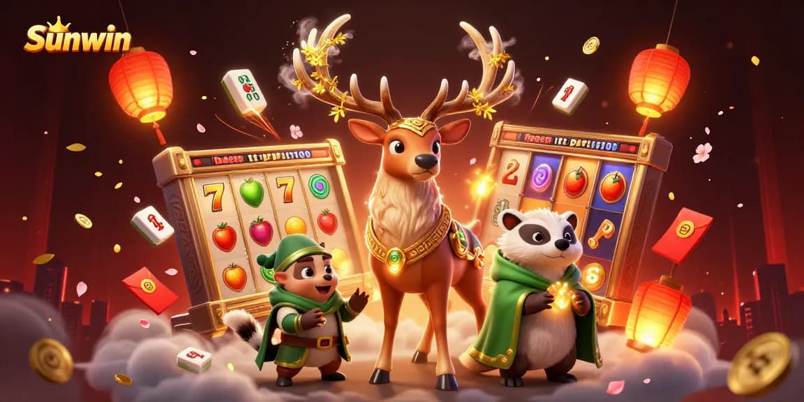 Sunwin engages players with captivating slot reels and enchanting spirits in a vibrant casino scene.
