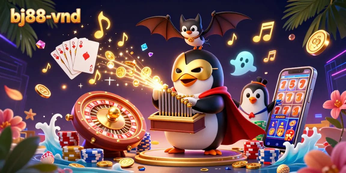 Experience the excitement of gambling at bj88-vnd with a 3D cartoon casino scene featuring golden coins and a lively atmosphere.