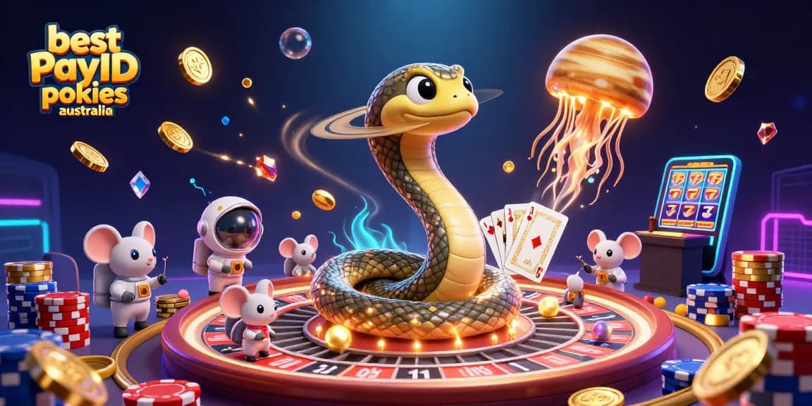 Engage with the best PayID pokies Australia in a vibrant cosmic casino scene filled with astronauts and golden elements.