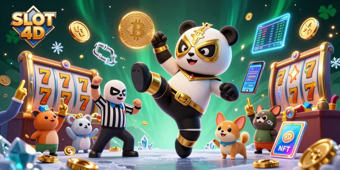 SLOT 4D sparks excitement with an animated scene of a wrestling panda and playful spectators amid vibrant casino elements.