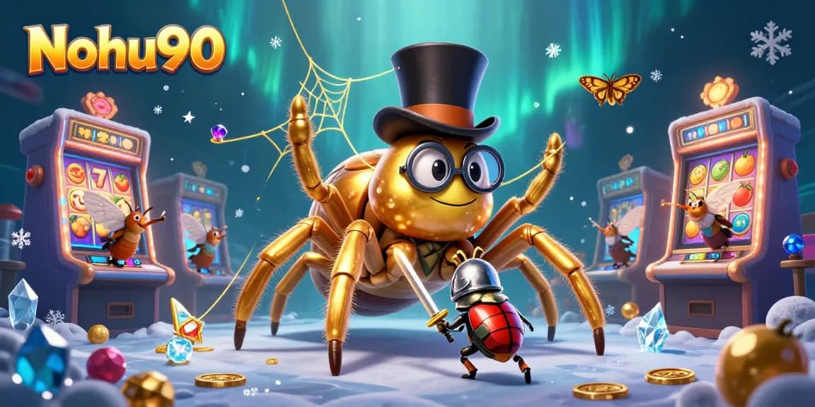 Nohu90 invites players to spin the slots with a vivid scene featuring quirky characters and vibrant gaming elements.