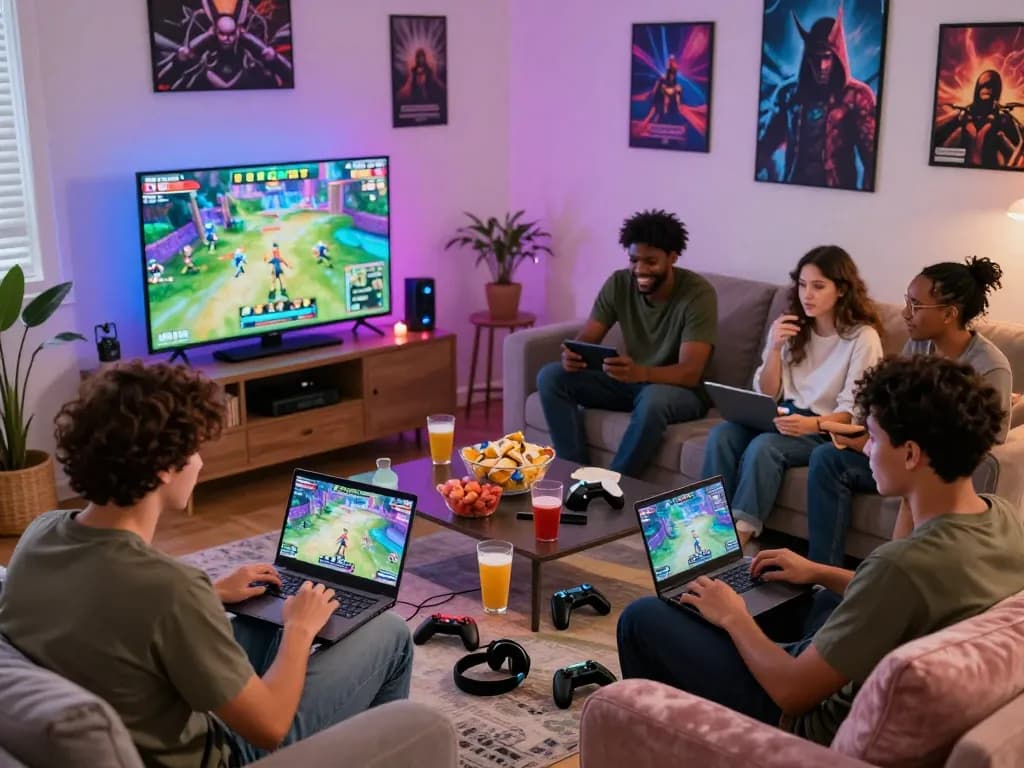 Friends enjoying a lively gaming session at home with luck8 branding in background, showcasing gaming devices and snacks.