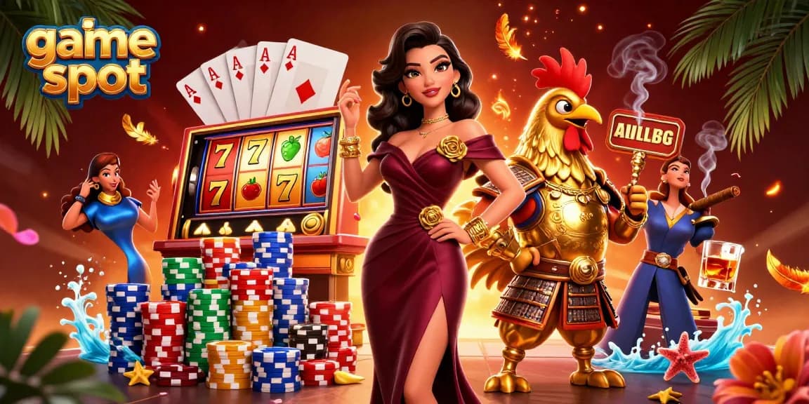 Play exciting game slot featuring glamorous woman and golden rooster warrior among vibrant visuals.
