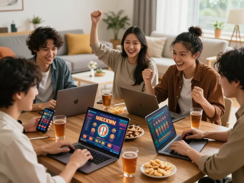 Friends enjoying a lively online gaming session with lucky88 casino apps on their devices