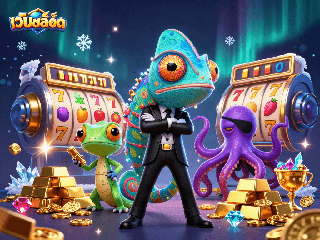 Spin the เว็บสล็อต slots with a vibrant scene featuring a colorful chameleon and golden treasures!