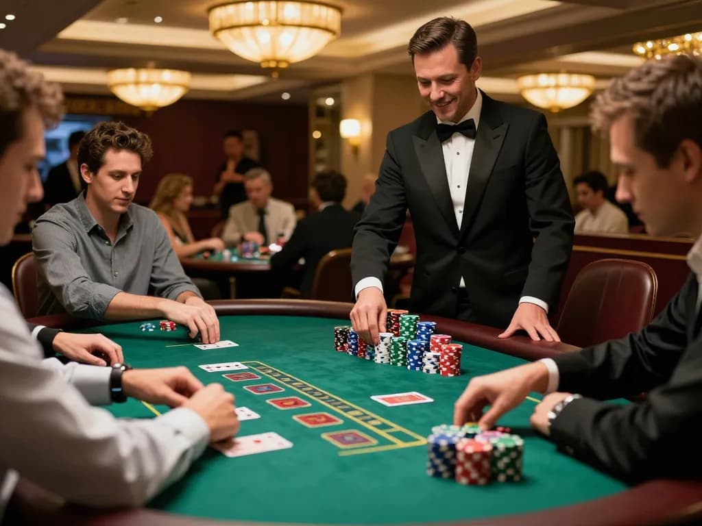 Players engaging in an intense HM88 blackjack game with focused strategies in a luxurious casino