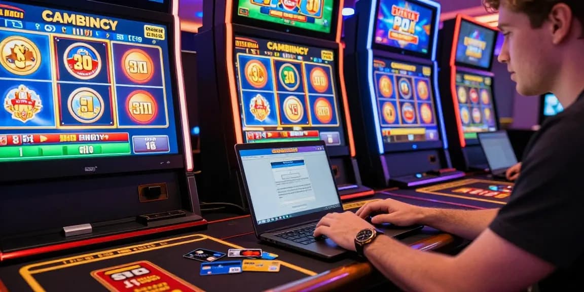 Exciting atmosphere of credit card casinos in the UK with vibrant gaming displays and promotional bonuses.