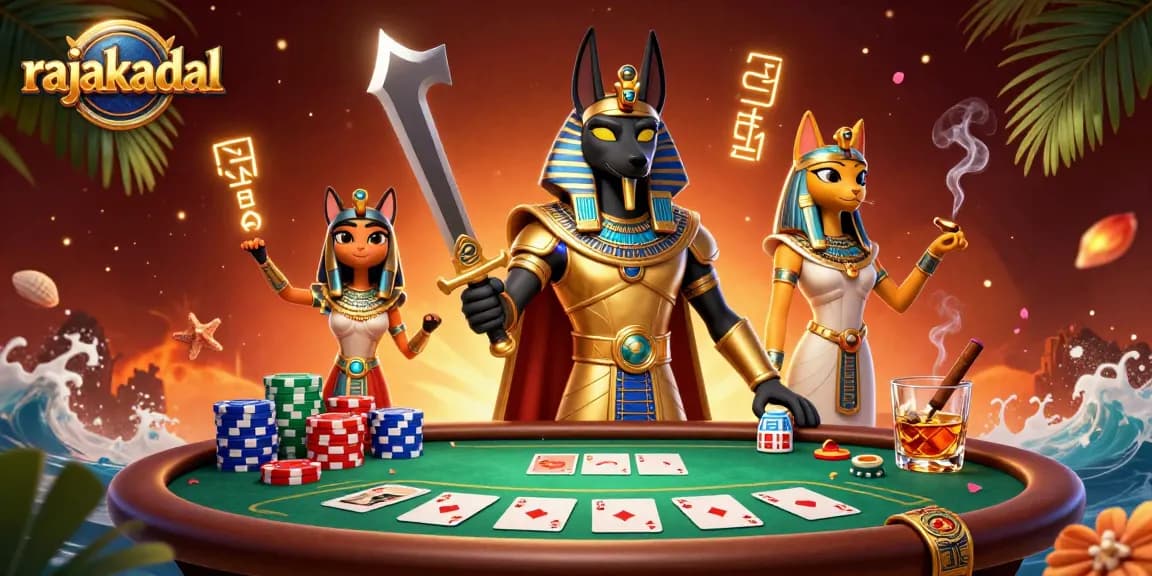 Permainan judi di rajakadal diilustrasikan dengan Anubis dan Bastet, dikelilingi elemen poker.