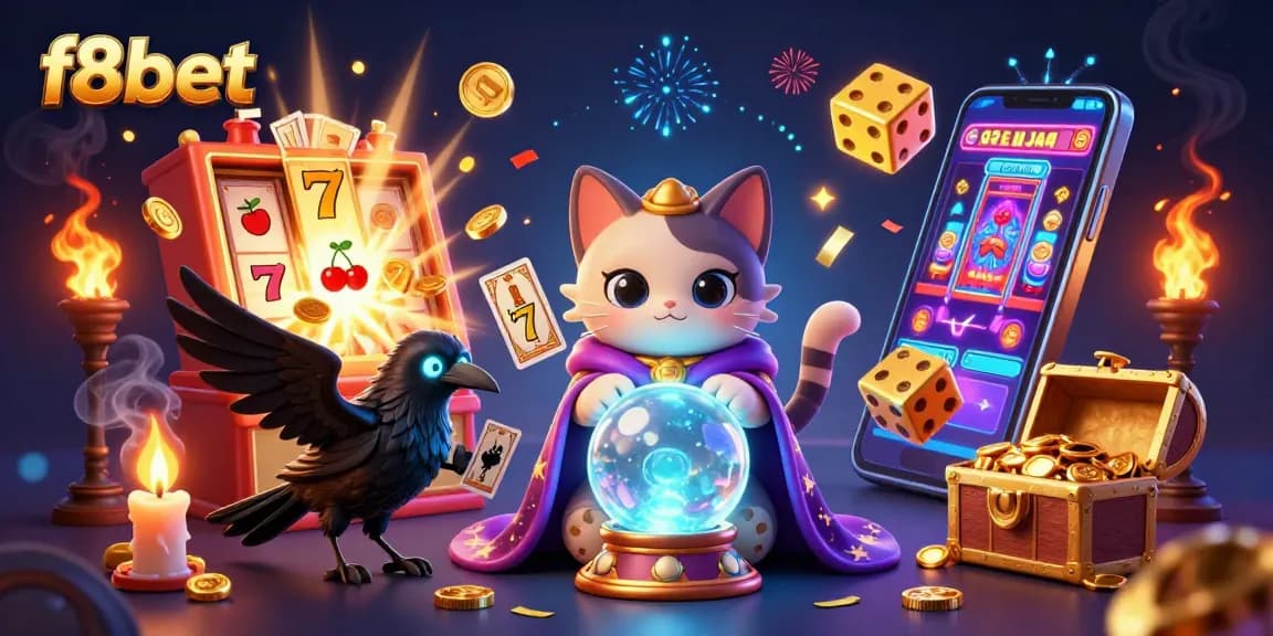 Experience thrilling play with f8bet in a vibrant casino scene featuring a mystical cat and golden slot rewards.