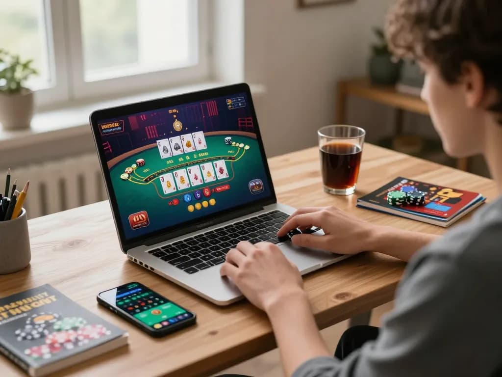 Playing live dealer blackjack on 98win with colorful chips in a cozy home office setup